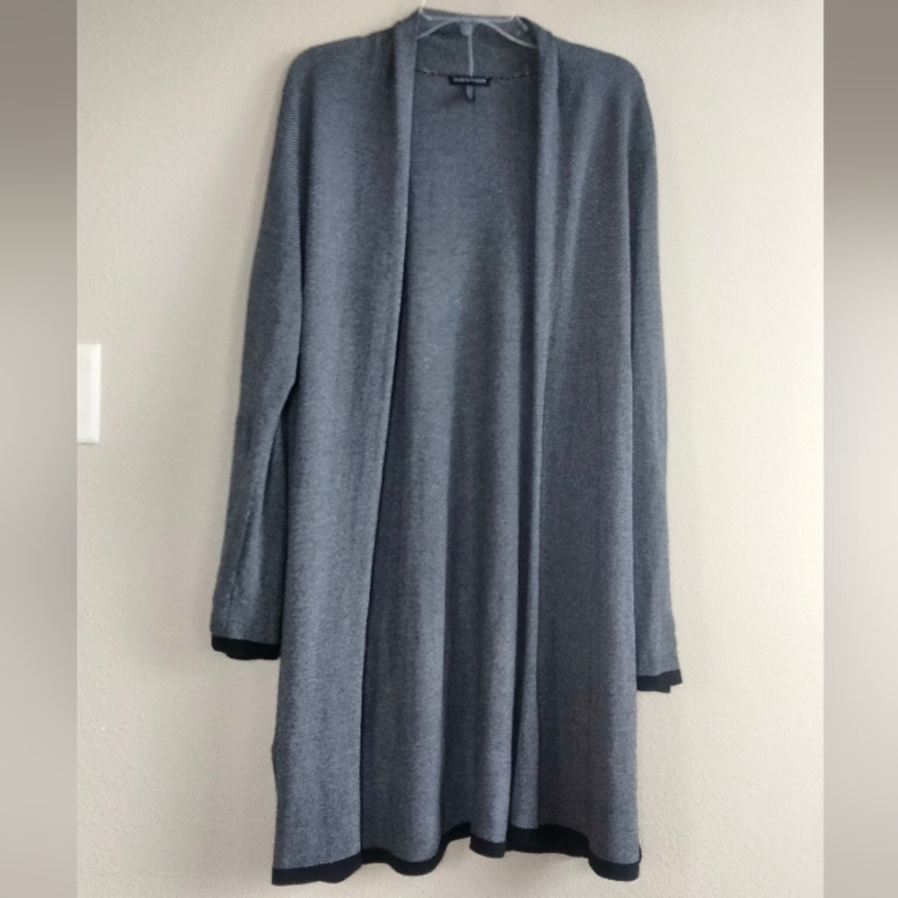 Eileen Fisher Size Large Black And White Knit Open Cardigan Duster Sweater